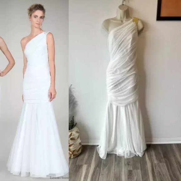 Tadashi Shoji Dresses & Skirts - Tadashi Shoji NWT Sz 12 Ivory One Shoulder Ruched Mermaid Gown Lace Formal Bride